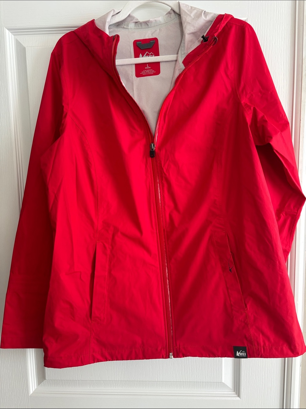 REI Women's Bright Red Hooded Rain Jacket - Large